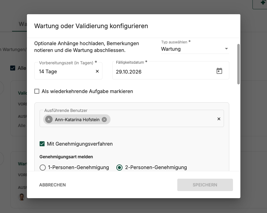 Dialog in RiQS zur Konfiguration einer Wartung oder Validierung mit Fälligkeitsdatum, Verantwortlichen und Genehmigungsverfahren