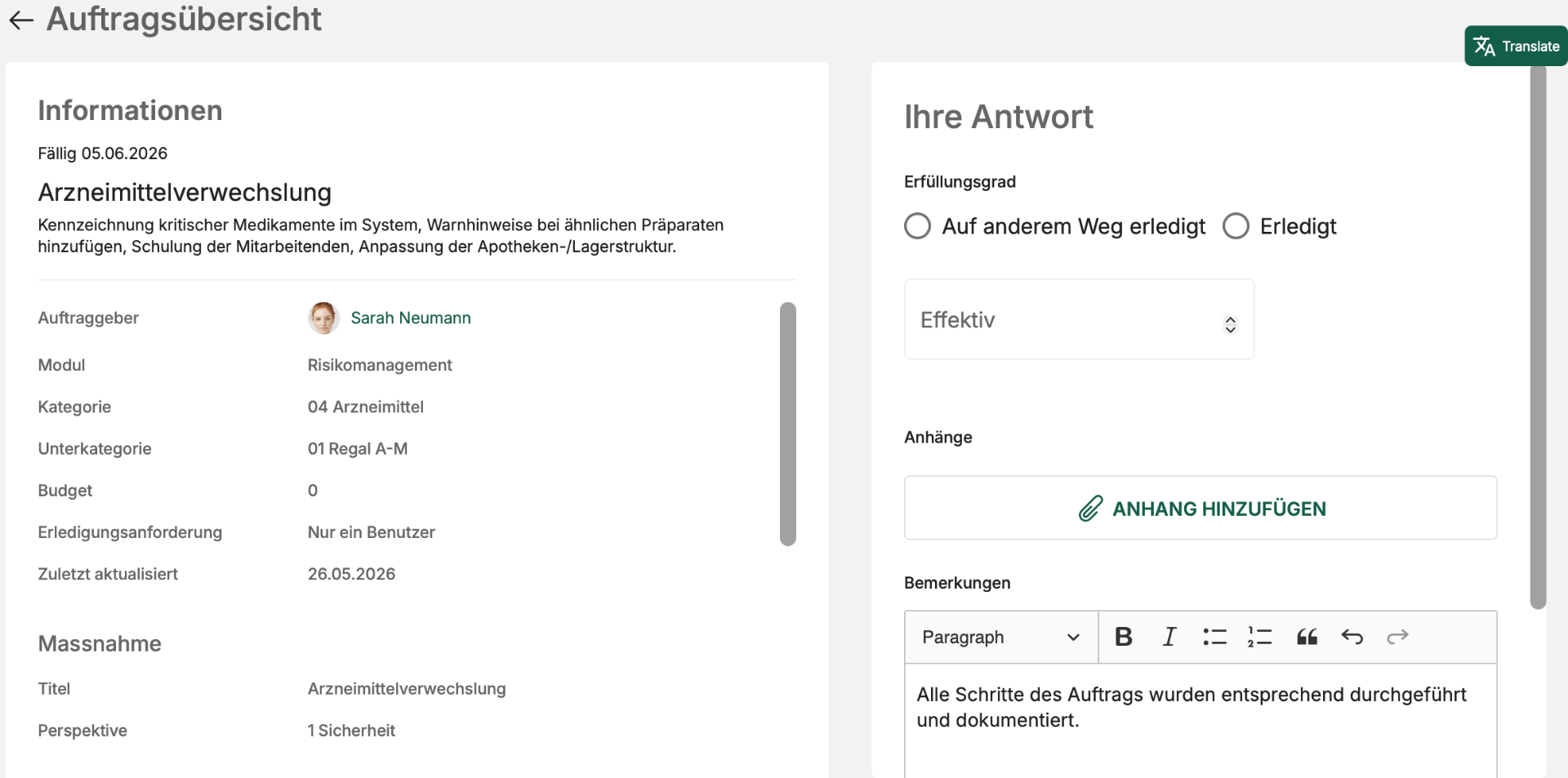 Auftragsübersicht in RiQS mit Informationen, Zuständigkeit, Fälligkeit und Erledigungsformular