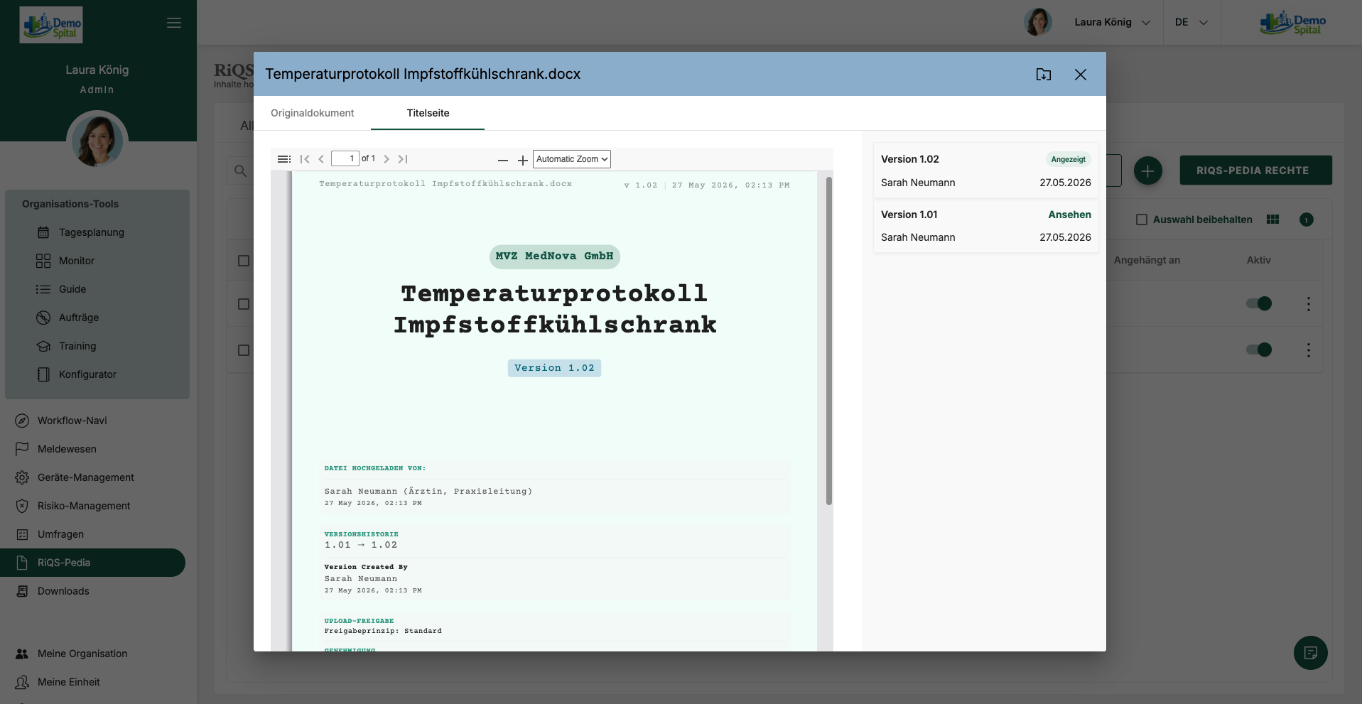 RiQS-Pedia mit Versionsverlauf und Titelseite eines freigegebenen Dokuments