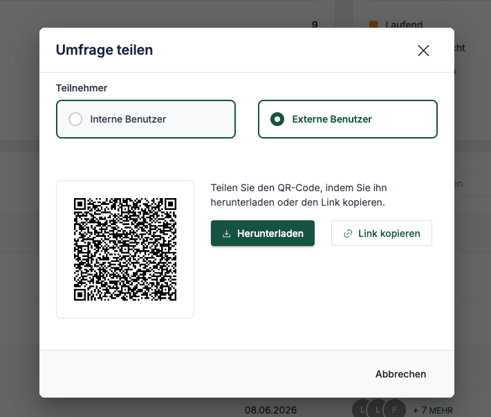 RiQS Dialog „Umfrage teilen“ mit QR-Code für externe Teilnehmer