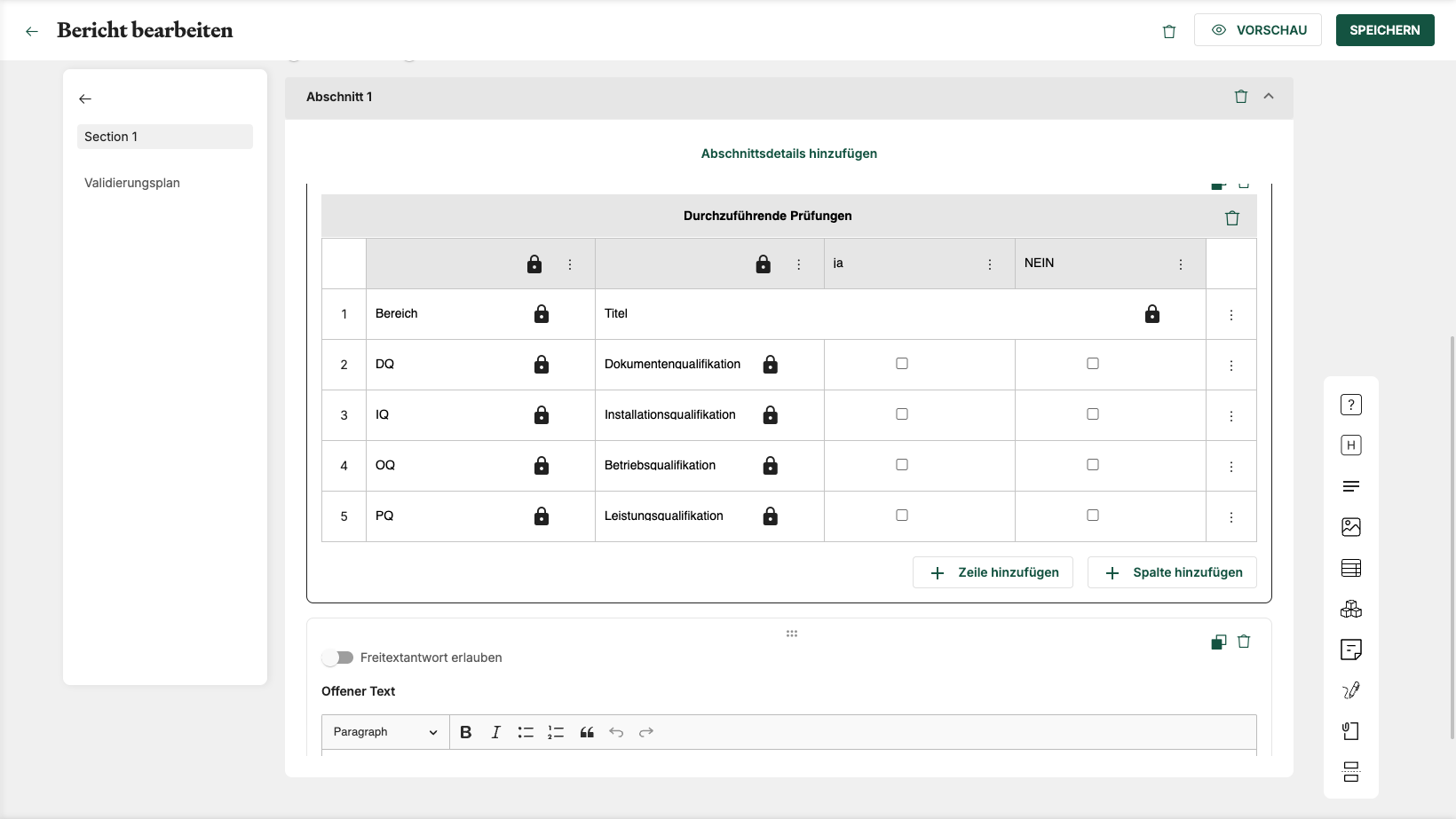 Interaktiver Dokumenten-Editor mit Abschnitten, Fragetypen wie Likert-Skala, Dropdown und Freitext