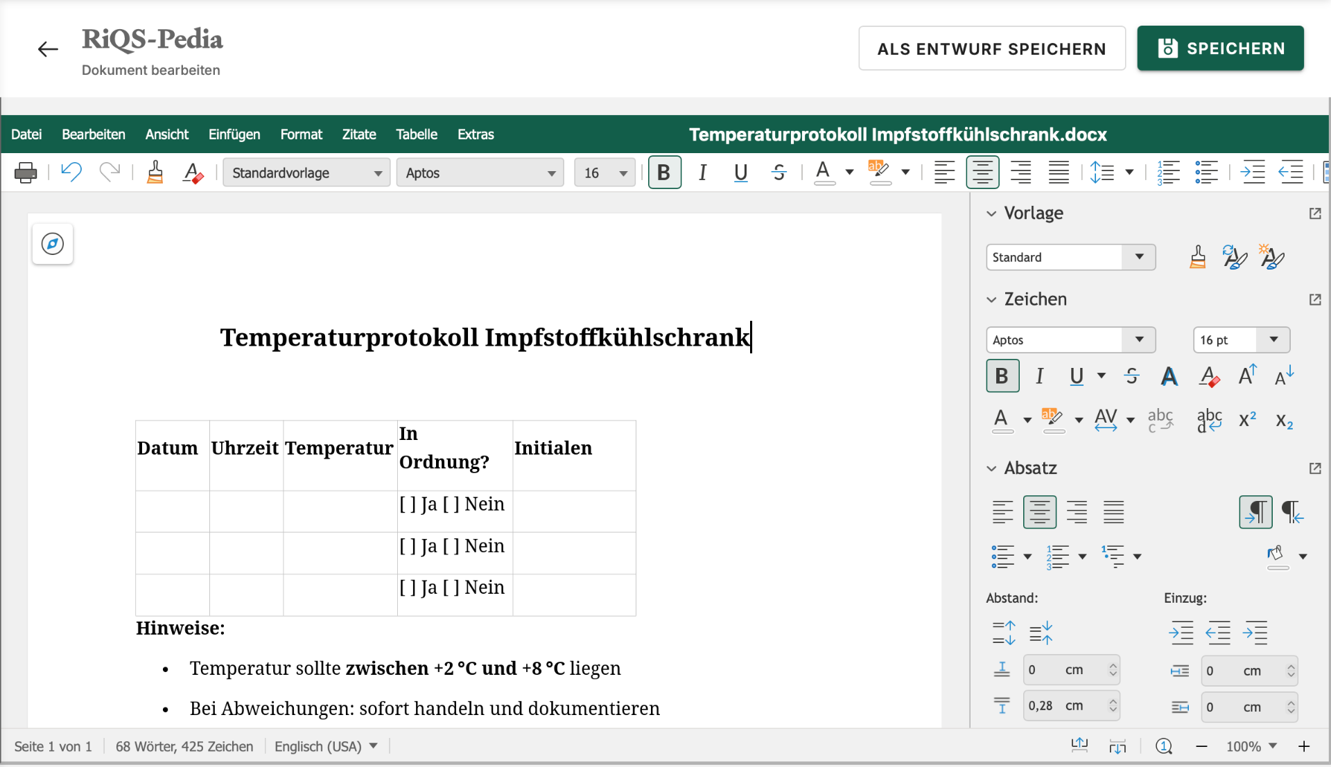 Word-Vorlage Temperaturprotokoll Impfstoffkühlschrank im RiQS-Pedia Editor
