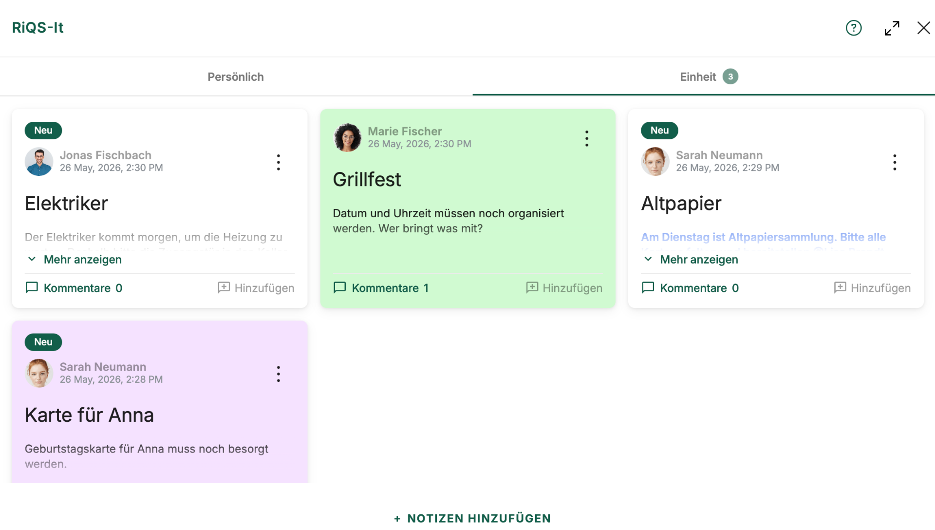 RiQS-It mit persönlichen und Team-Notizen für informelle Abstimmung