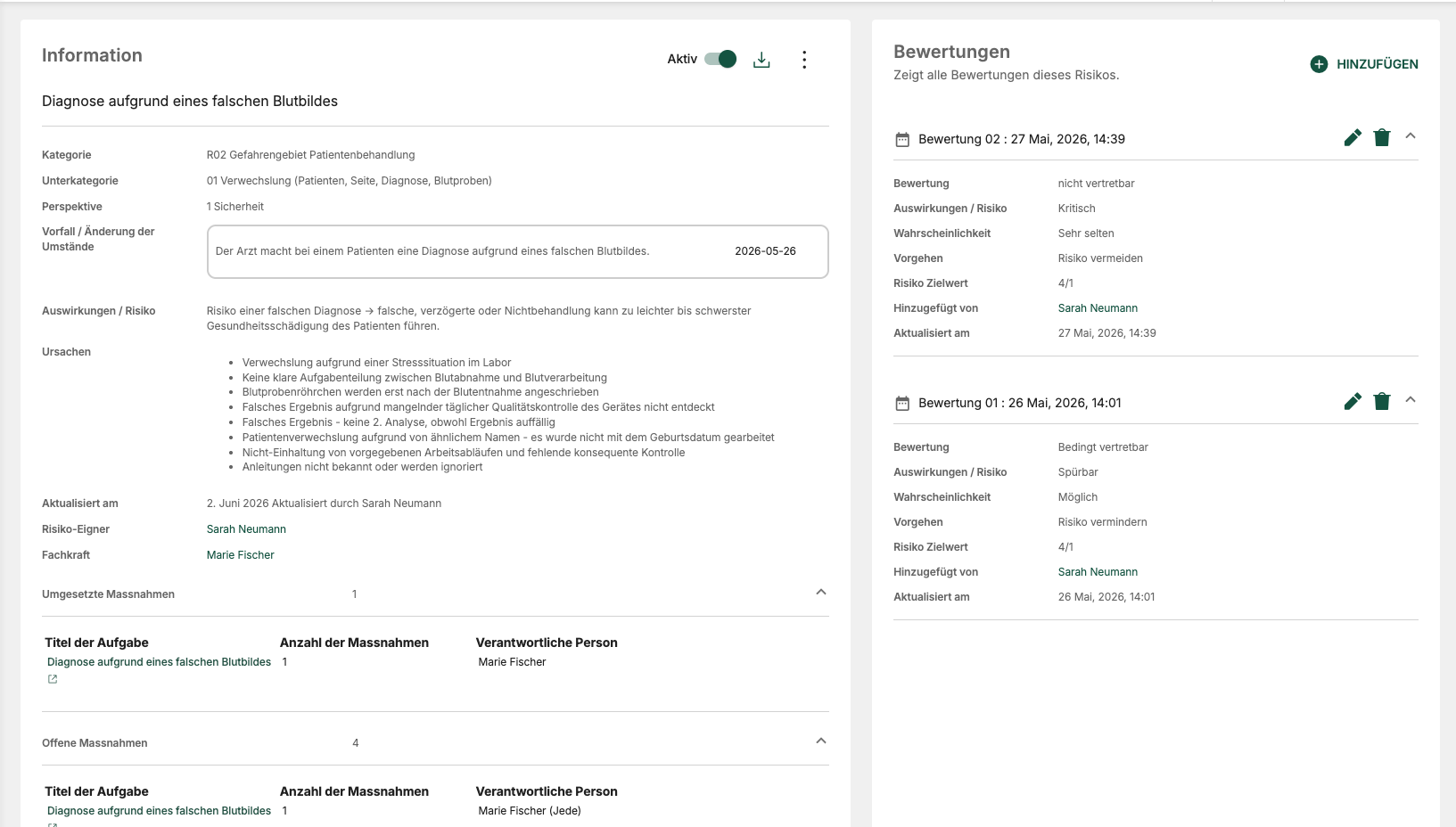 RiQS Risiko-Detailansicht – Information zu einem Risiko mit Bewertungen, Ursachen und Massnahmen.