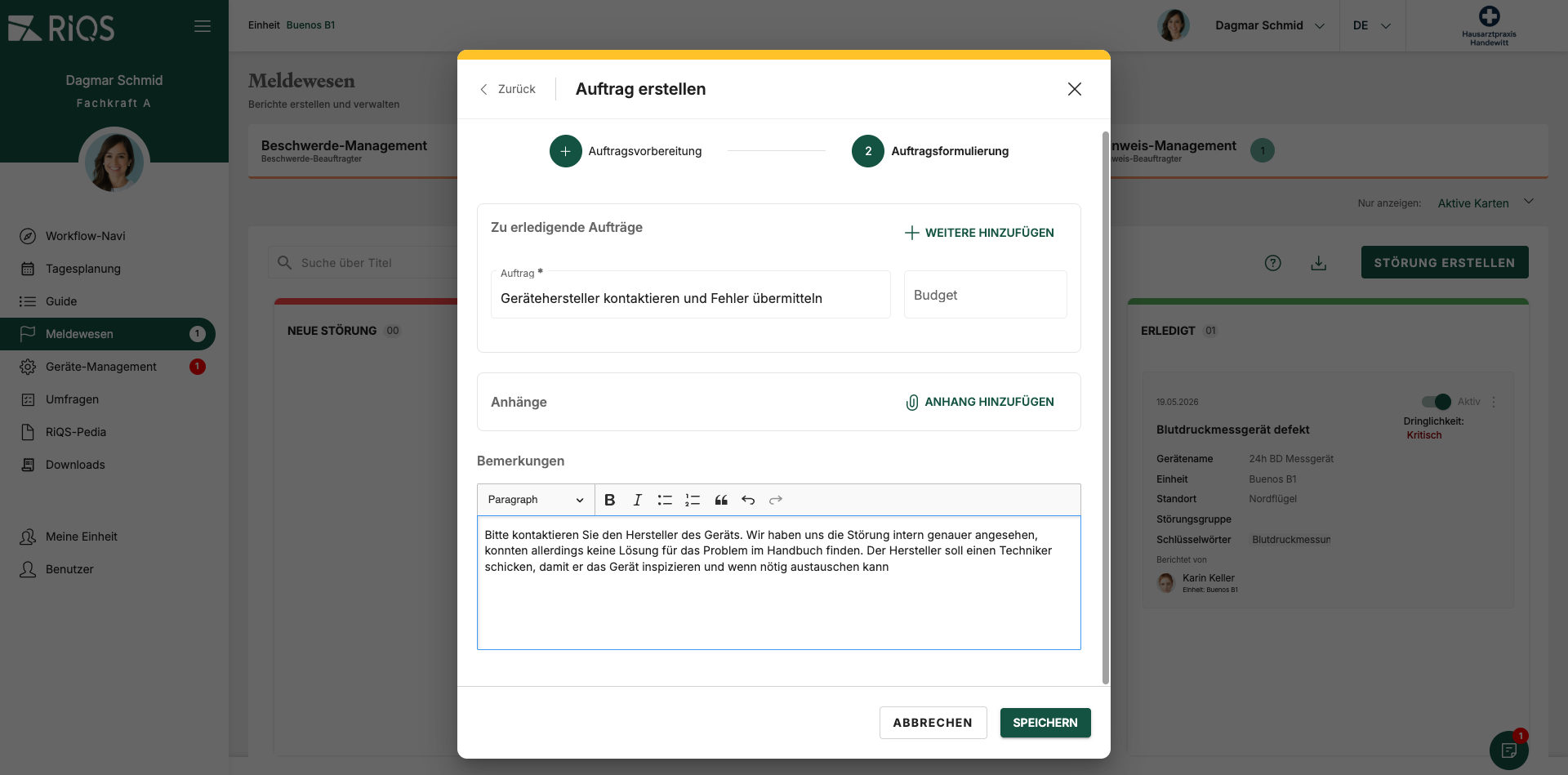 RiQS Auftrag erstellen – Dialog zur Auftragsvorbereitung mit Auftrag, Budget, Anhängen und Bemerkungen